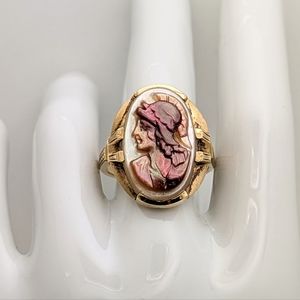 Vintage Art Deco Roman Soldier Cameo Shell 10K Gold Ring